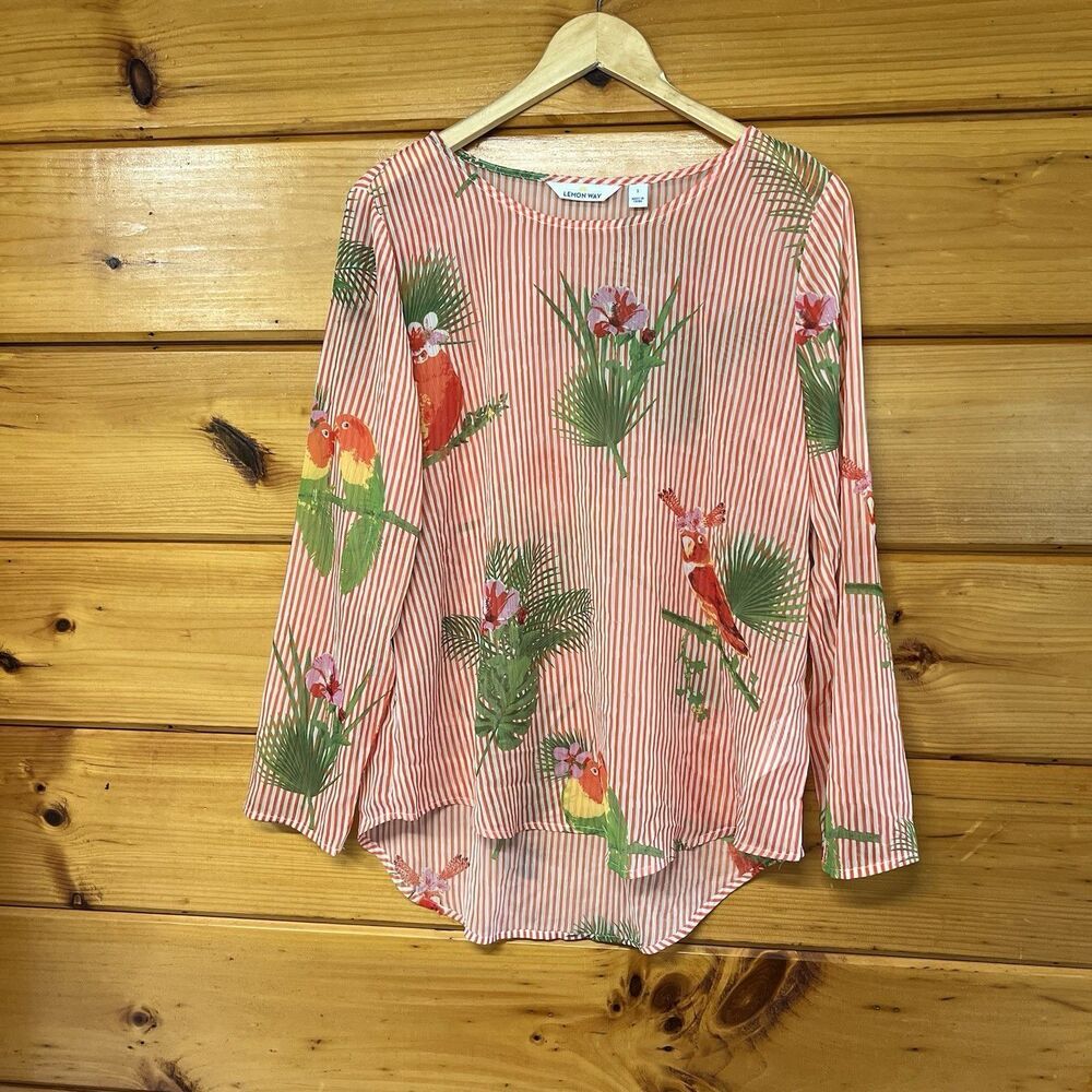 Lemon Way Sheer Chiffon Top Size S Tropical Bird Parrot long Sleeve Pullover